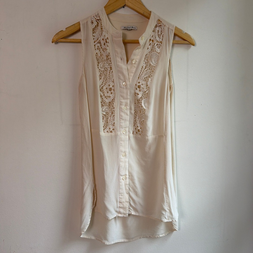 Broadway & Broome Silk Blouse Office XXS Cream Excellent Lace Boho Button Down